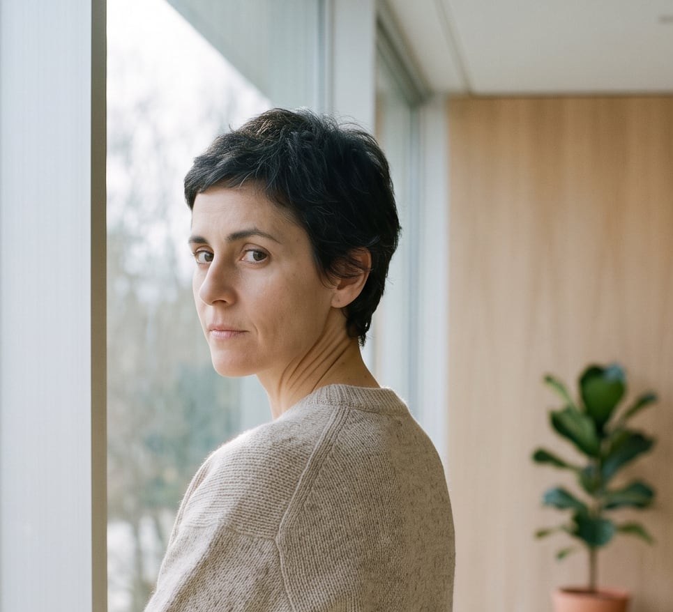 Elena Sarrià, de pie junto al ventanal de su consulta, mira hacia la sala