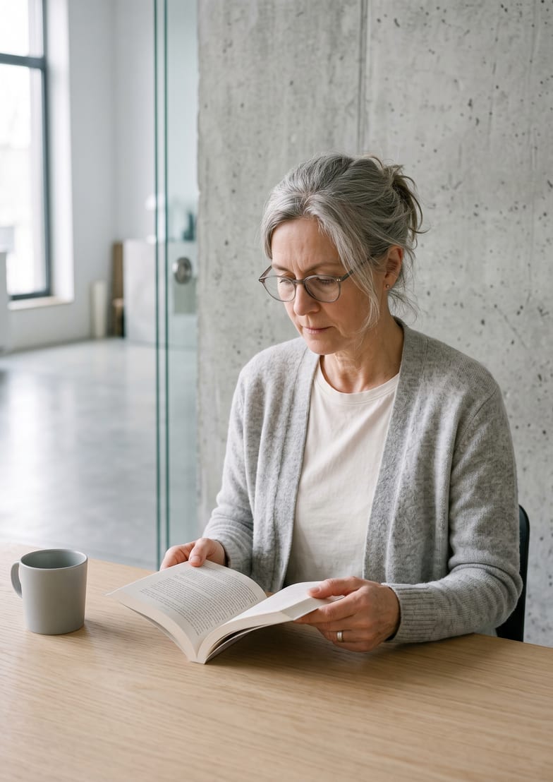 Una mujer lee un libro a la mesa por la mañana, absorta en la página